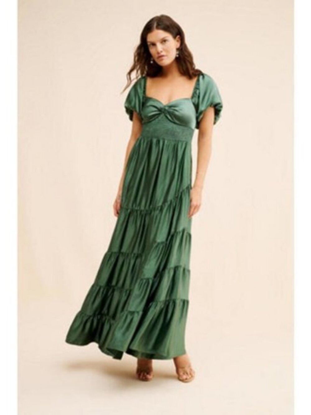 Free People Sundrenched Silky Maxi Dress Green Short Sleeves Boho Romantic S
